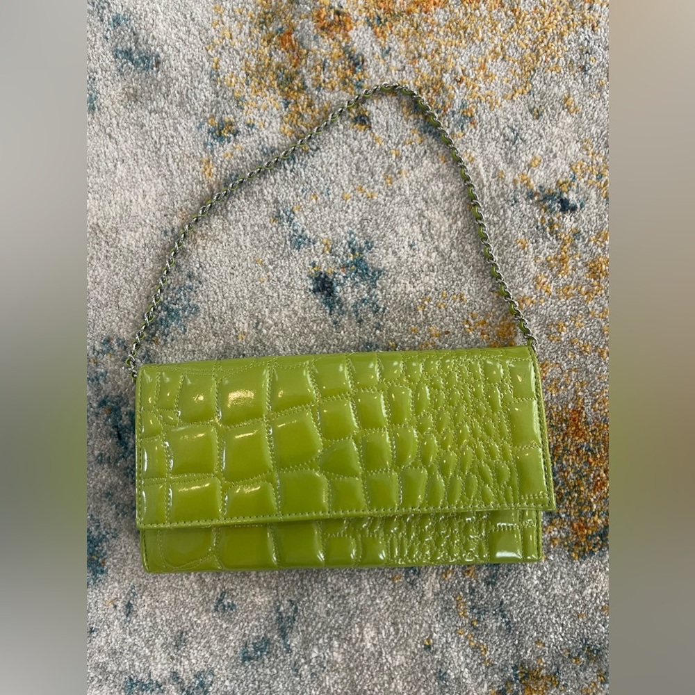 Vintage Lime Green Handbag KRISTINE Clutch Silver Chain Strap Bright Green Retro